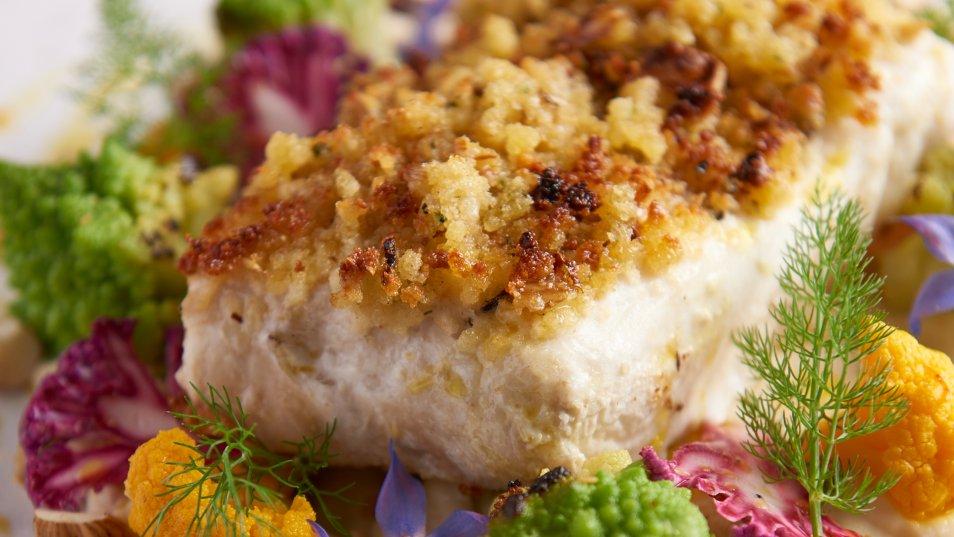 Halibut with cobnut crust, cauliflower and cockles